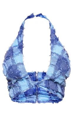Best PrettyLittleThing Textured Woven Halterneck Bralet Denim