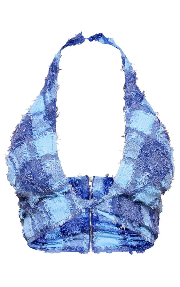 Best PrettyLittleThing Textured Woven Halterneck Bralet Denim