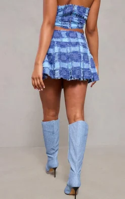 New PrettyLittleThing Textured Woven Trim Detail Mini Skirt Denim