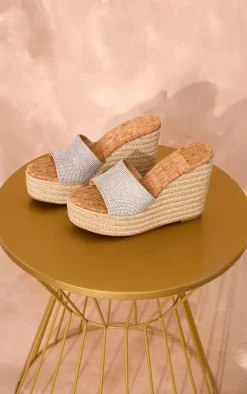 PrettyLittleThing Heeled Sandals*Diamante Round Toe Heeled Cork Wedges