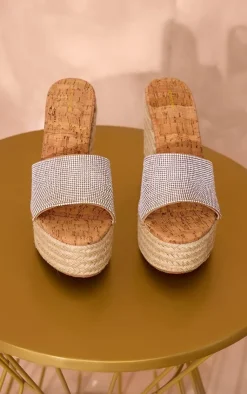 PrettyLittleThing Heeled Sandals*Diamante Round Toe Heeled Cork Wedges