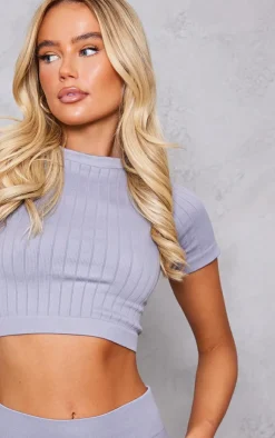 Clearance PrettyLittleThing Dove Grey Wide Structured Snatched Rib Short Sleeve Top Dark Grey