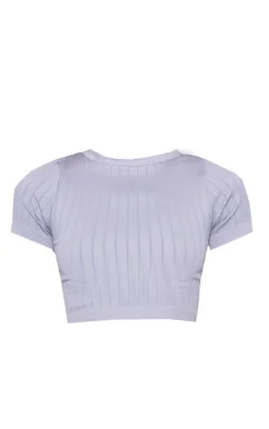 Clearance PrettyLittleThing Dove Grey Wide Structured Snatched Rib Short Sleeve Top Dark Grey