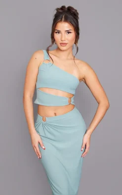 Clearance PrettyLittleThing Blue One Shoulder Ring Detail Front Crop Top Duck Egg