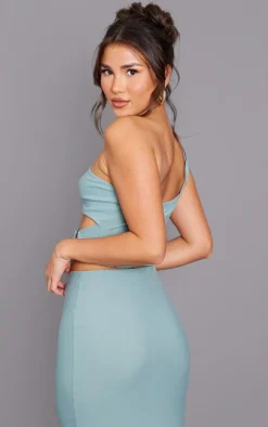 Clearance PrettyLittleThing Blue One Shoulder Ring Detail Front Crop Top Duck Egg