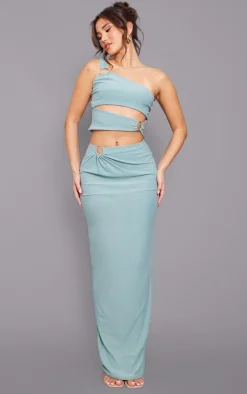 Clearance PrettyLittleThing Blue One Shoulder Ring Detail Front Crop Top Duck Egg