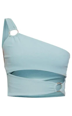 Clearance PrettyLittleThing Blue One Shoulder Ring Detail Front Crop Top Duck Egg