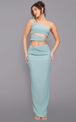 Discount PrettyLittleThing Blue Ring Detail Ruching Maxi Skirt Duck Egg
