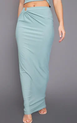 Discount PrettyLittleThing Blue Ring Detail Ruching Maxi Skirt Duck Egg