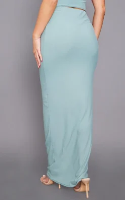Discount PrettyLittleThing Blue Ring Detail Ruching Maxi Skirt Duck Egg