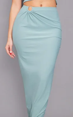 Discount PrettyLittleThing Blue Ring Detail Ruching Maxi Skirt Duck Egg