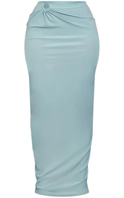 Discount PrettyLittleThing Blue Ring Detail Ruching Maxi Skirt Duck Egg