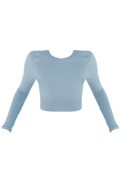 New PrettyLittleThing Snatched Rib Round Neck Long Sleeve Crop Top Dusky Blue
