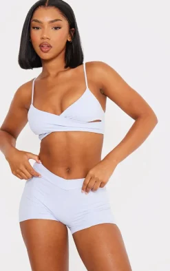 Dusty Blue Cotton Dip Waist Hot Pants