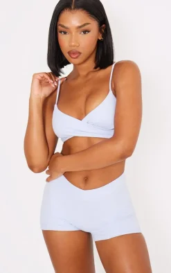 Dusty Blue Cotton Dip Waist Hot Pants