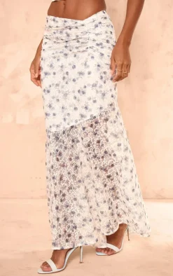 Dusty Blue Floral Printed Lace Frill Hem Maxi Skirt