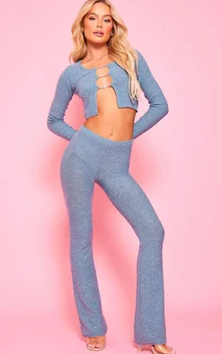 PrettyLittleThing Glitter Knit Flared Pants Dusty Blue