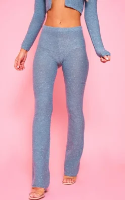 PrettyLittleThing Glitter Knit Flared Pants Dusty Blue