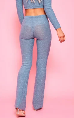 PrettyLittleThing Glitter Knit Flared Pants Dusty Blue