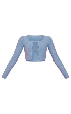 Best PrettyLittleThing Glitter Knit Heart Trim Long Sleeve Top Dusty Blue