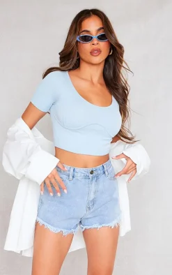 Dusty Blue Snatched Rib Binding Detail Crop Top