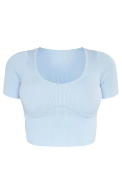 Dusty Blue Snatched Rib Binding Detail Crop Top