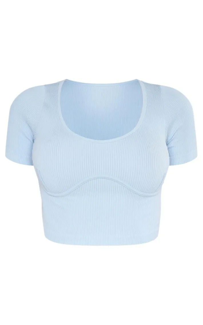 Dusty Blue Snatched Rib Binding Detail Crop Top