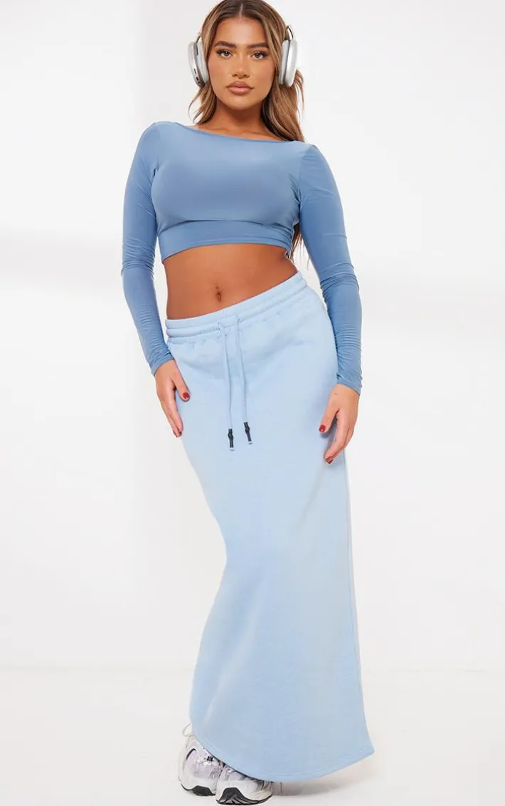 Dusty Blue Sweat Drawstring Midi Skirt