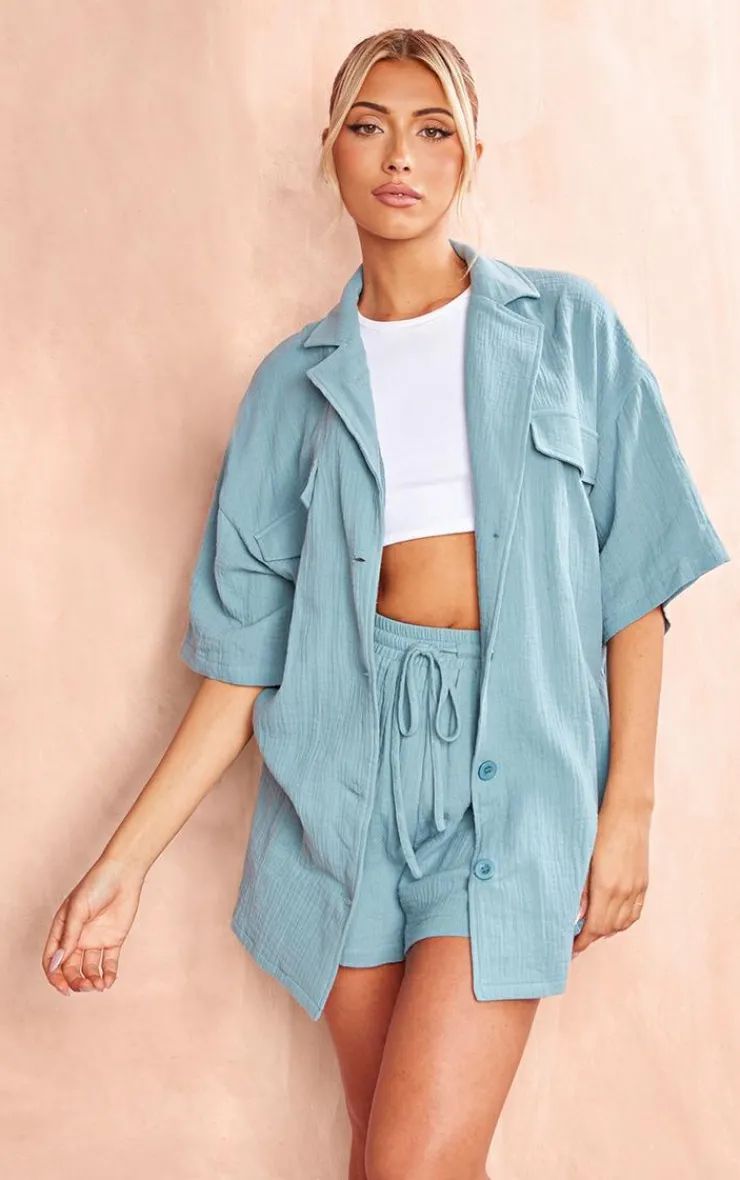Discount PrettyLittleThing Woven Pocket Detail Short Sleeve Shirt Dusty Blue