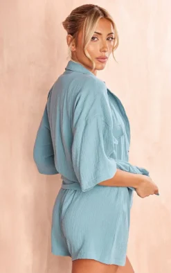 Discount PrettyLittleThing Woven Pocket Detail Short Sleeve Shirt Dusty Blue