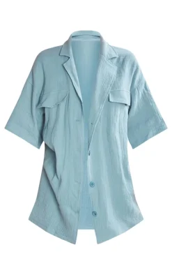 Discount PrettyLittleThing Woven Pocket Detail Short Sleeve Shirt Dusty Blue
