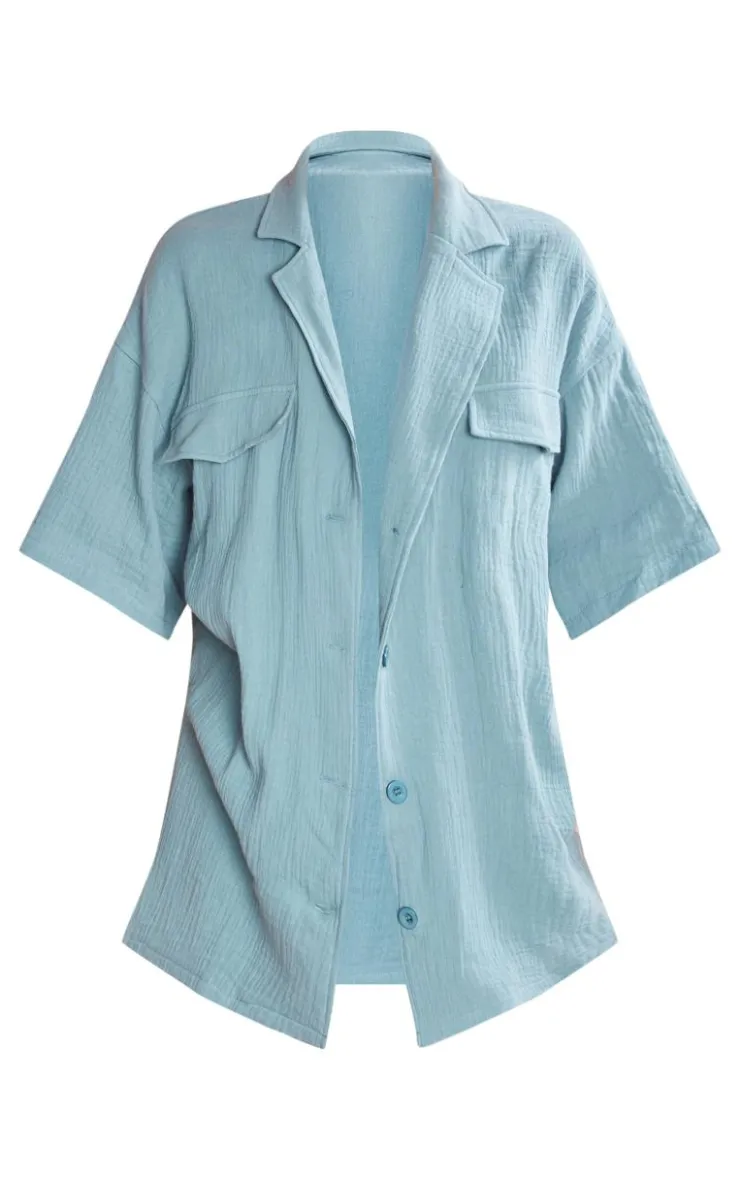 Discount PrettyLittleThing Woven Pocket Detail Short Sleeve Shirt Dusty Blue