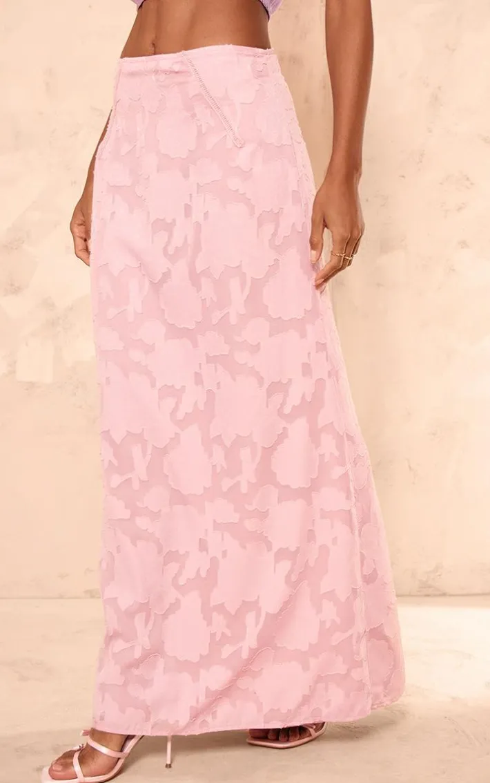 Dusty Pink Distressed Floral Woven Maxi Skirt