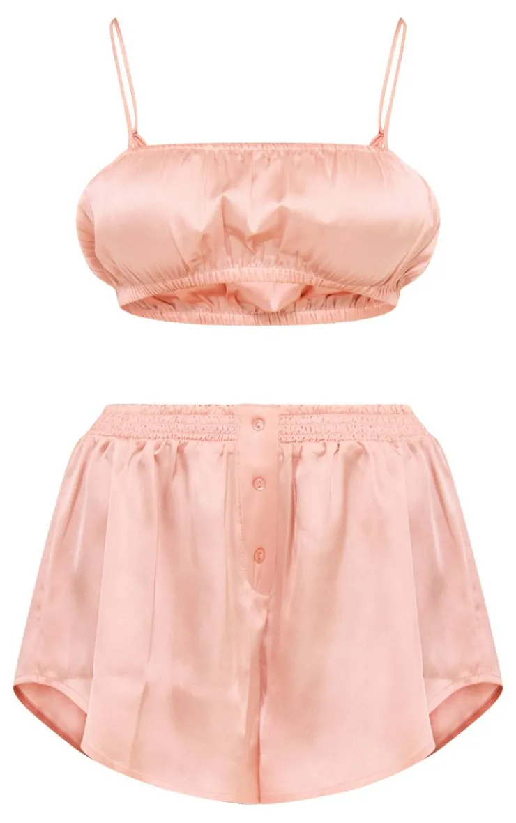Satin Ruched Bralet And Short PJ Set-PrettyLittleThing