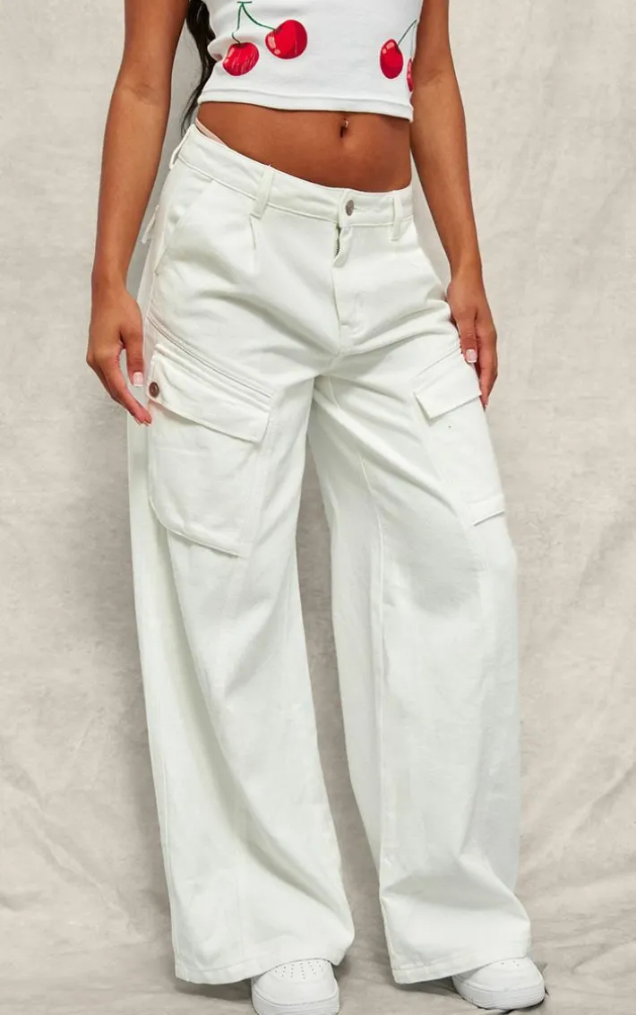 Ecru Denim Wide Leg Cargo Jeans