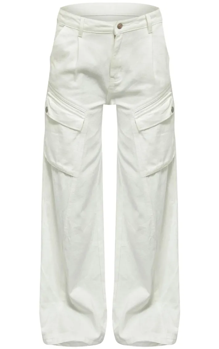 Ecru Denim Wide Leg Cargo Jeans
