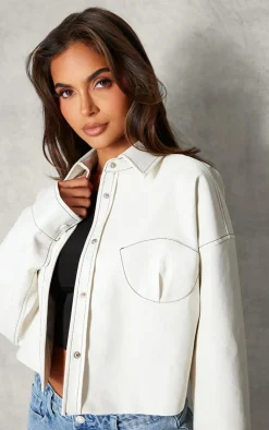 PrettyLittleThing Faux Leather Jackets*Faux Leather Cup Stitching Detail Crop Jacket