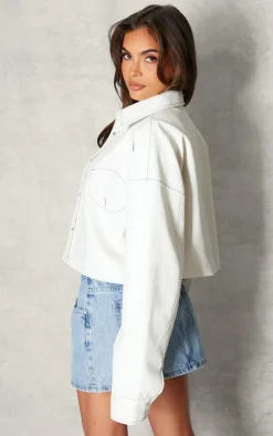 PrettyLittleThing Faux Leather Jackets*Faux Leather Cup Stitching Detail Crop Jacket