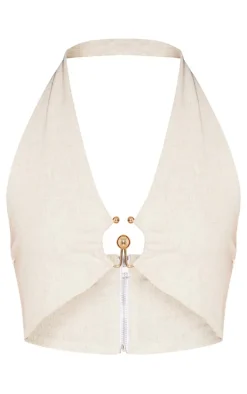 Ecru Linen Look Halter Neck Crop Top
