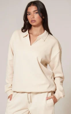 PrettyLittleThing Cream Sweatsuits*Premium Collared Oversized Sweatshirt