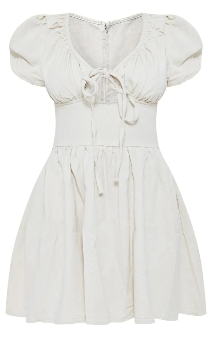 Puff Sleeve Fitted Waist Denim Dress-PrettyLittleThing Online