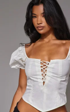 Puff Sleeve Lace Front Crop Top-PrettyLittleThing Outlet