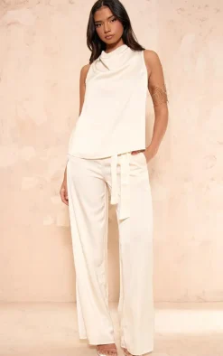 Best PrettyLittleThing Satin Tailored Belted Wide Leg Pants Ecru