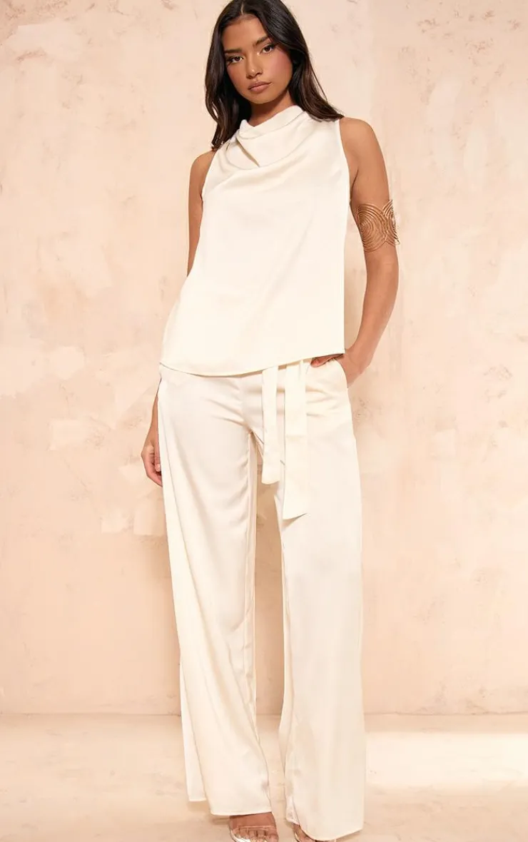 Best PrettyLittleThing Satin Tailored Belted Wide Leg Pants Ecru