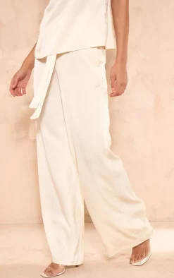 Best PrettyLittleThing Satin Tailored Belted Wide Leg Pants Ecru