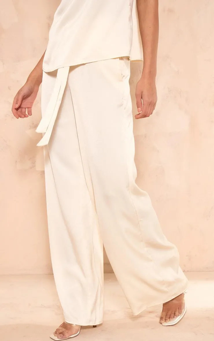Best PrettyLittleThing Satin Tailored Belted Wide Leg Pants Ecru
