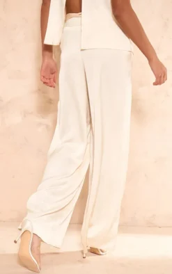 Best PrettyLittleThing Satin Tailored Belted Wide Leg Pants Ecru