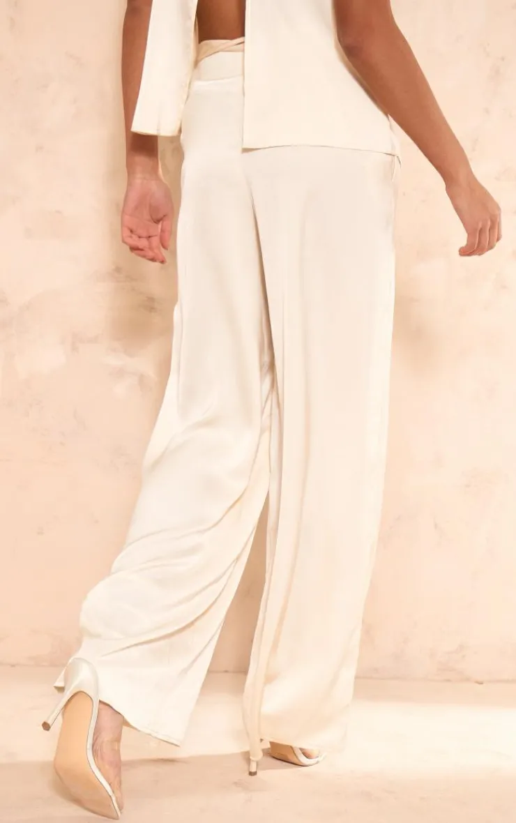 Best PrettyLittleThing Satin Tailored Belted Wide Leg Pants Ecru
