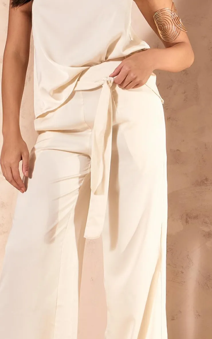 Best PrettyLittleThing Satin Tailored Belted Wide Leg Pants Ecru