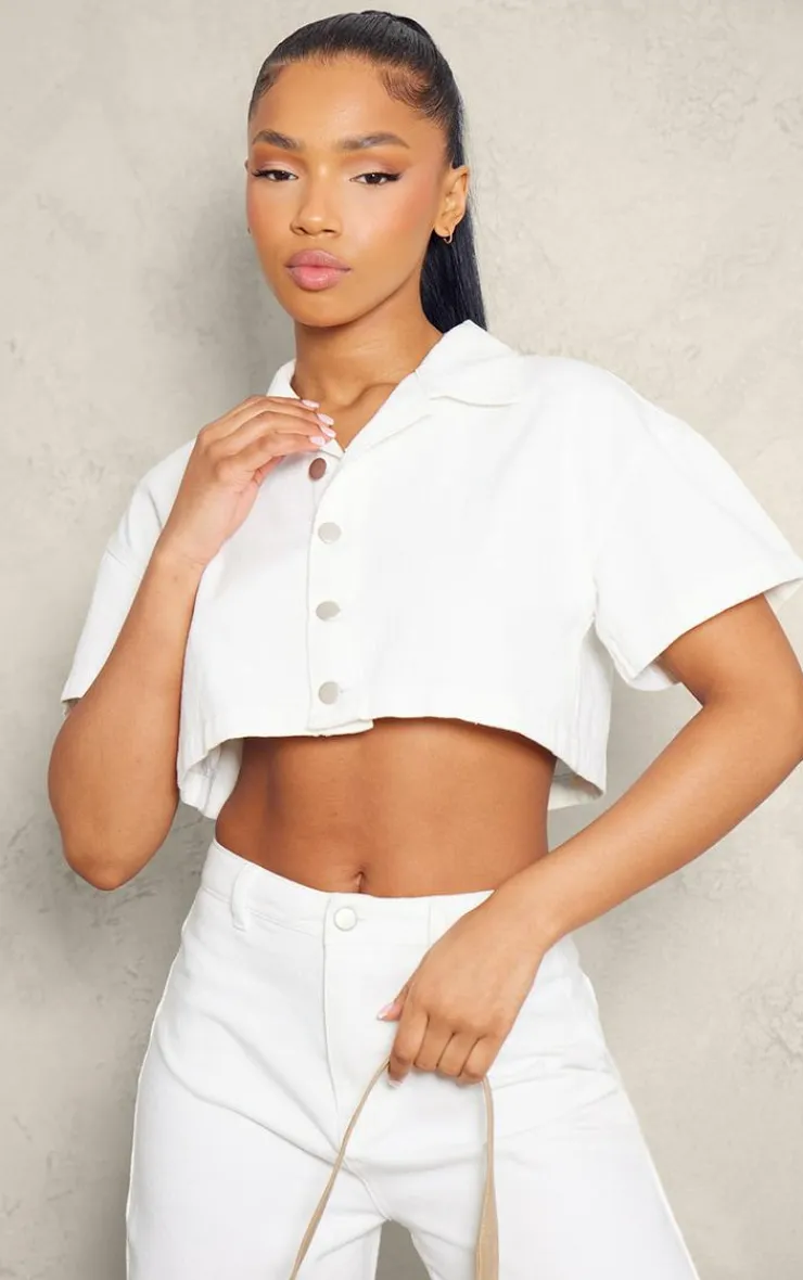 PrettyLittleThing Shirts*Short Sleeve Cropped Denim Shirt